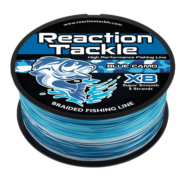 Reaction Tackle X8 Braided Fishing Line in blue camo, 8 strand, 10lb test, 150 yards, featuring durable braided construction.