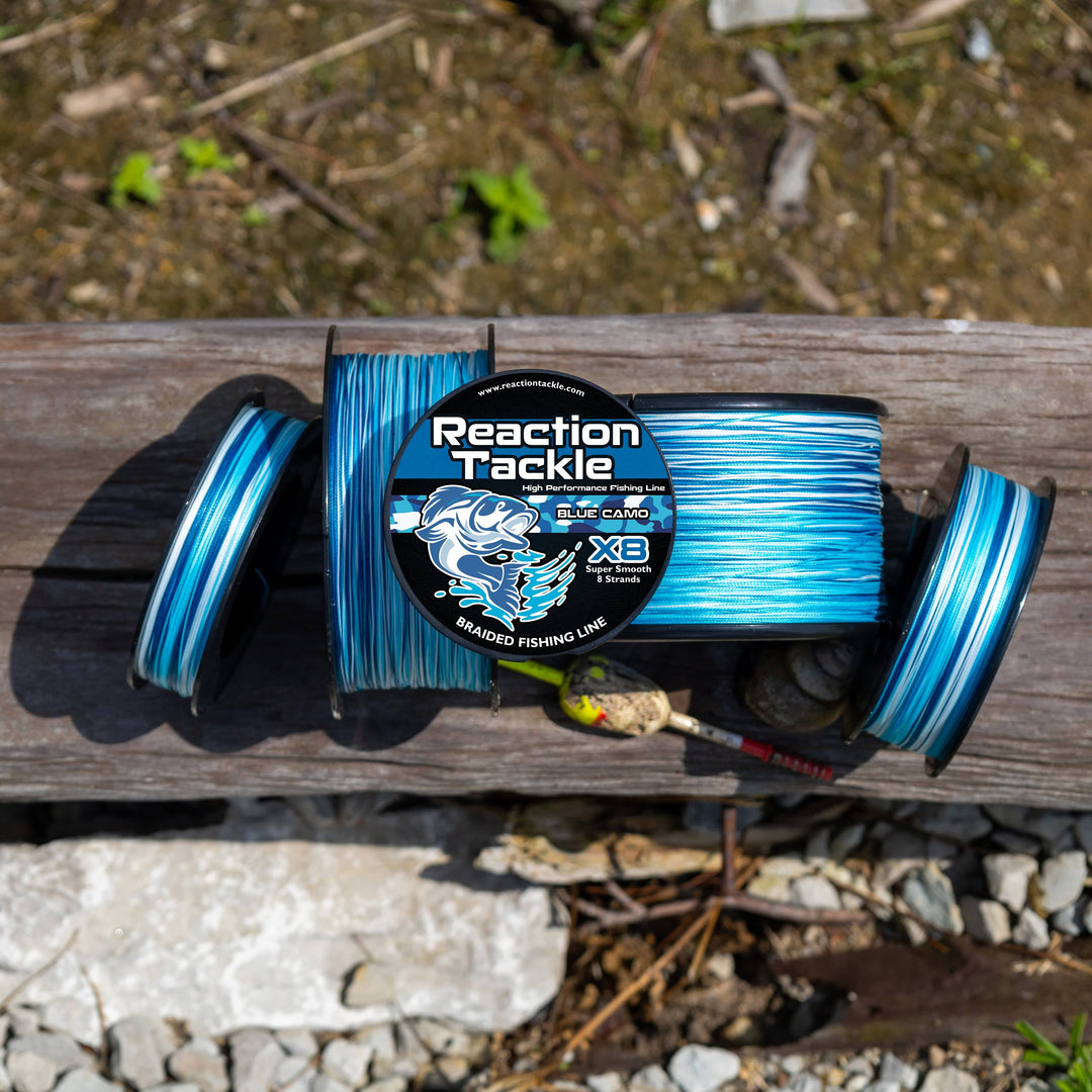 Reaction Tackle X8 Braided Fishing Line in blue camo, 8-strand, 10lb, 150 yards, designed for durability and strength.