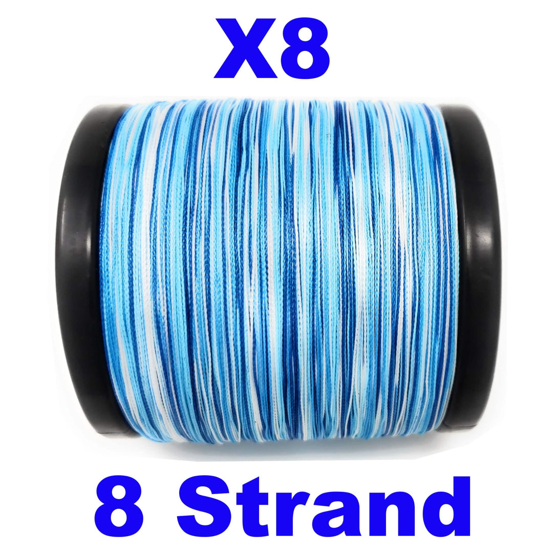 Reaction Tackle X8 Braided Fishing Line in blue camo, 8-strand, 10lb test, 150 yards, showing the textured braided line.
