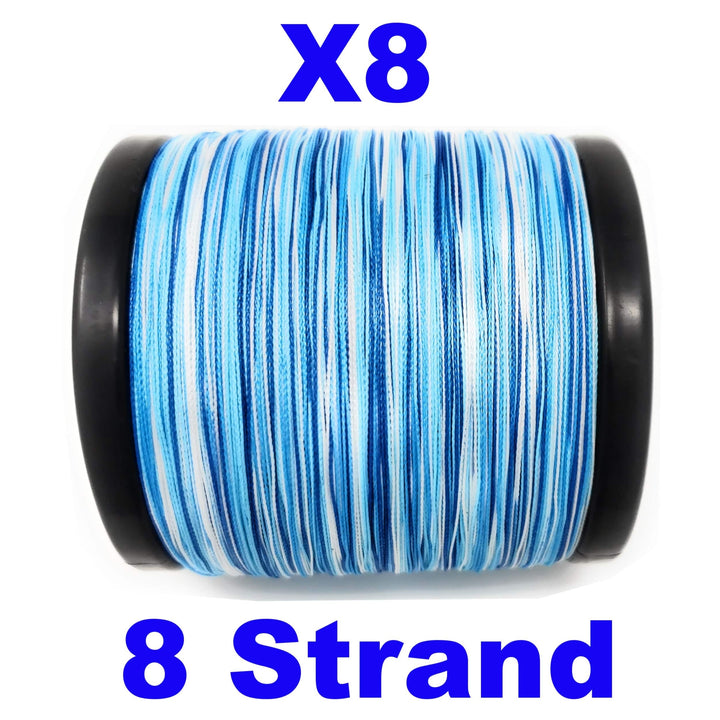 Reaction Tackle X8 Braided Fishing Line in blue camo, 8-strand, 10lb test, 150 yards, showing the textured braided line.