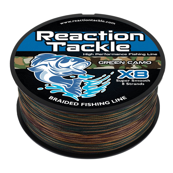 Reaction Tackle X8 Braided Fishing Line in green camo, 10lb, 150 yards, showing the braided fishing line with green camo pattern.