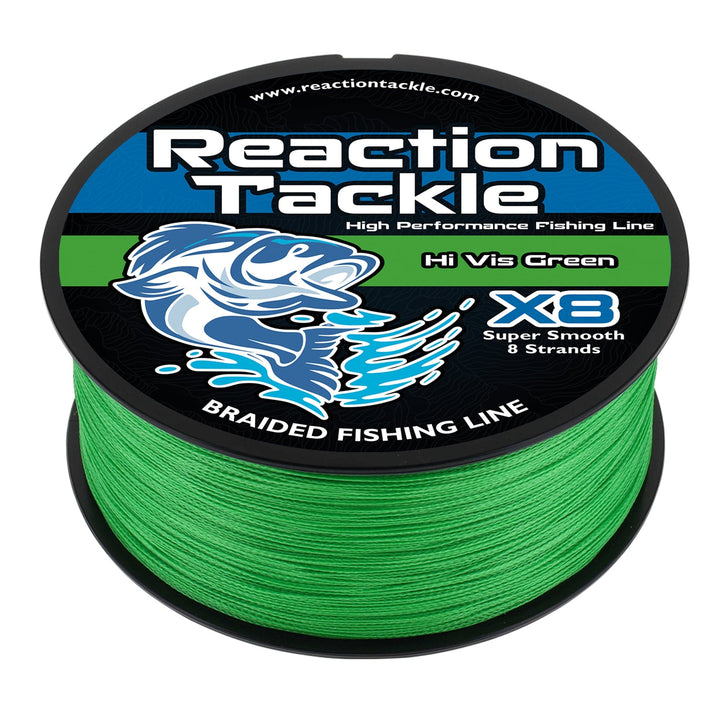 Reaction Tackle X8 Braided Fishing Line in Hi Vis Green, 10lb, 150 yards, showing the bright, durable braided fishing line.