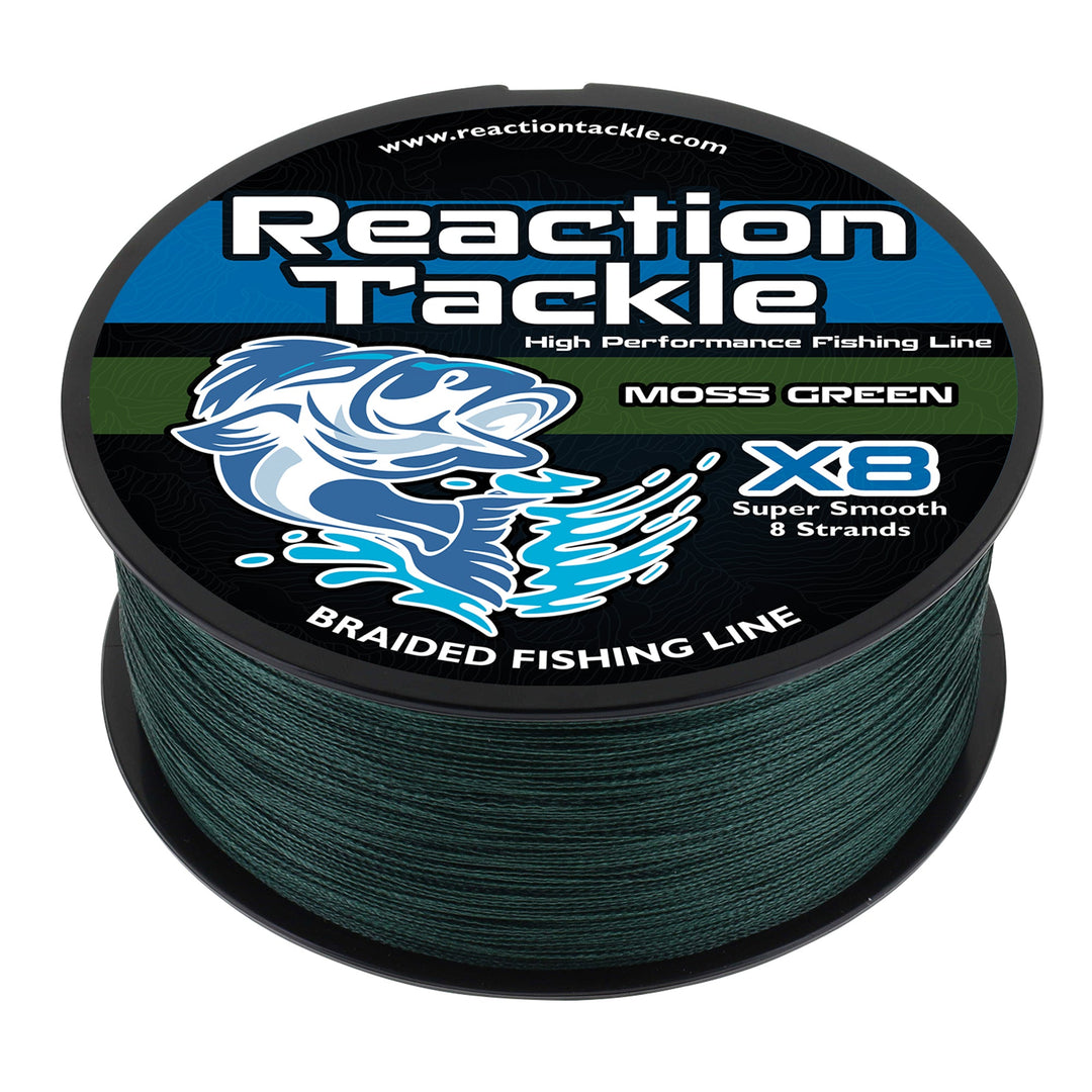 Reaction Tackle X8 Braided Fishing Line in moss green, 10lb, 150 yards, showing the tightly woven 8-strand braided fishing line.