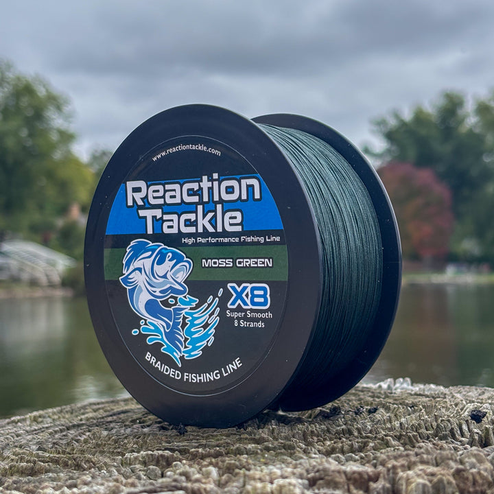 Reaction Tackle X8 Braided Fishing Line in Moss Green, 10lb, 150 yards, 8-strand braided fishing line for durable fishing.