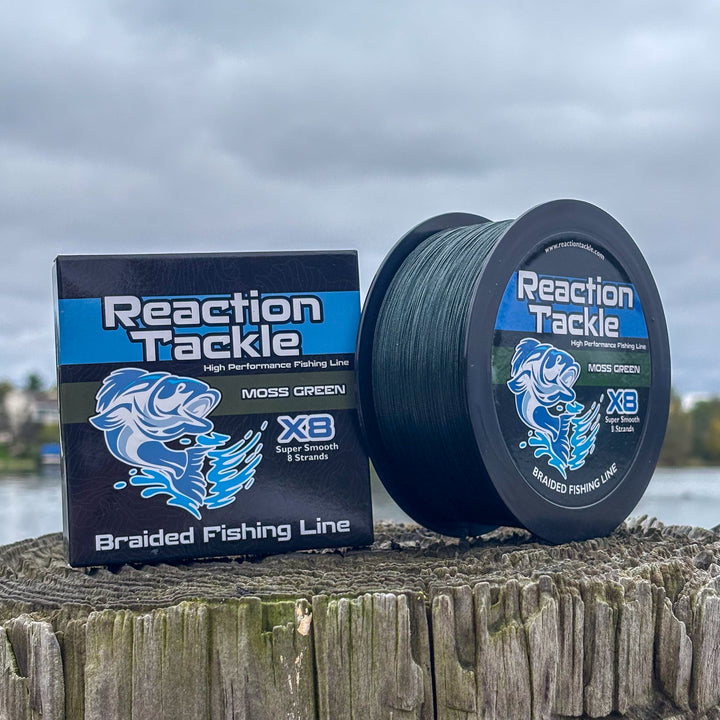 Reaction Tackle X8 Moss Green Braided Fishing Line, 8-strand, 10lb test, 150 yards, close-up of the braided fishing line.