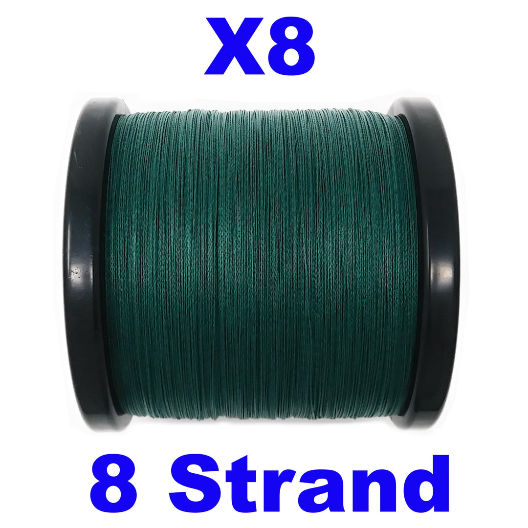Reaction Tackle X8 Braided Fishing Line in moss green, 8-strand, 10lb test, 150 yards, high-strength braided fishing line.
