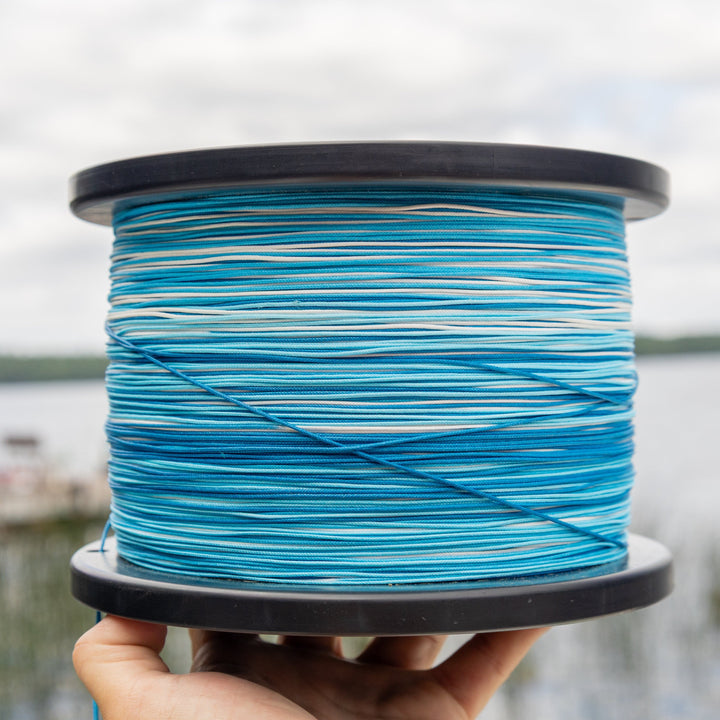 Reaction Tackle Hollow Core 16 Strand Braided Fishing Line, 50lb, 600yds, blue camo, durable braided fishing line with high strength.