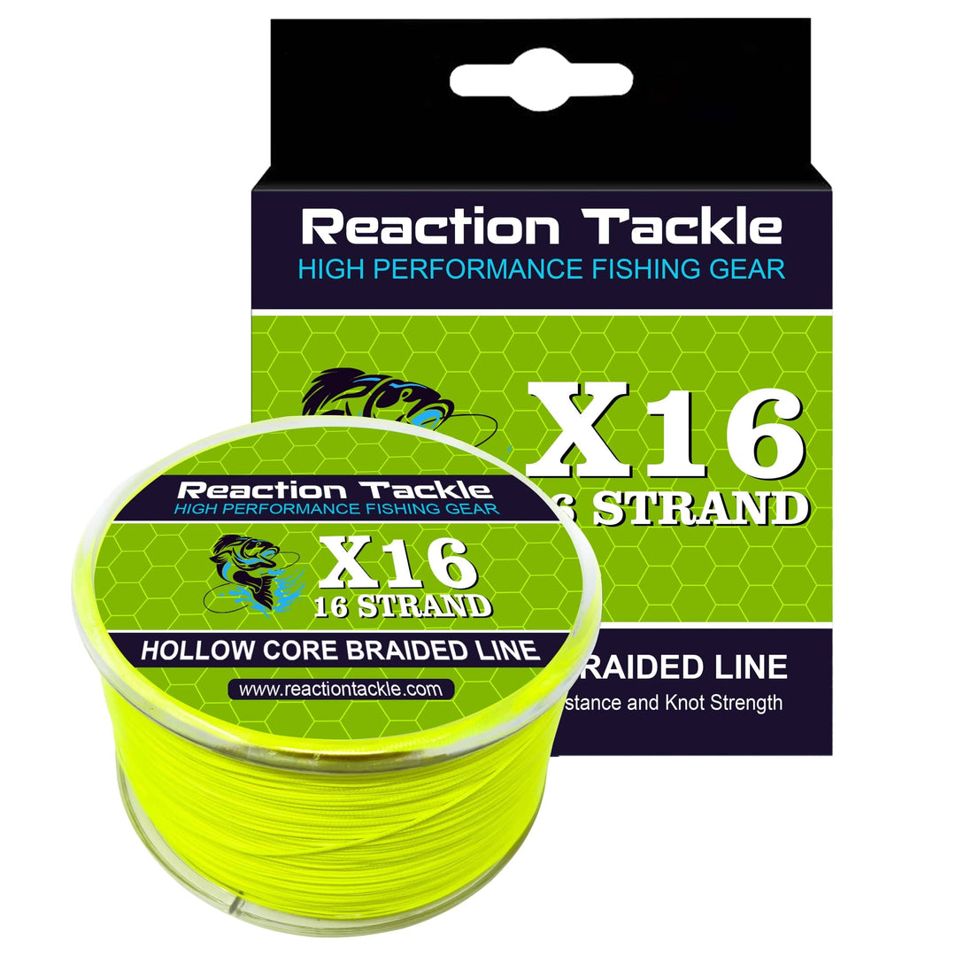 Reaction Tackle Hollow Core 16-Strand Braided Fishing Line in blue camo, 50lb, 600 yards, showcasing the braided fishing line.