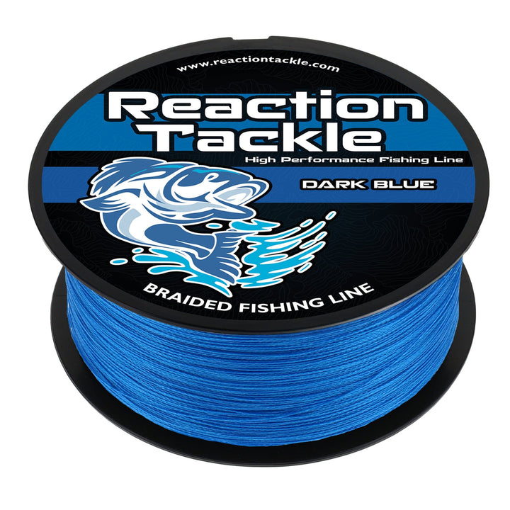 Reaction Tackle braided fishing line in dark blue, 6lb strength, 150 yards, durable and high-performance for fishing.