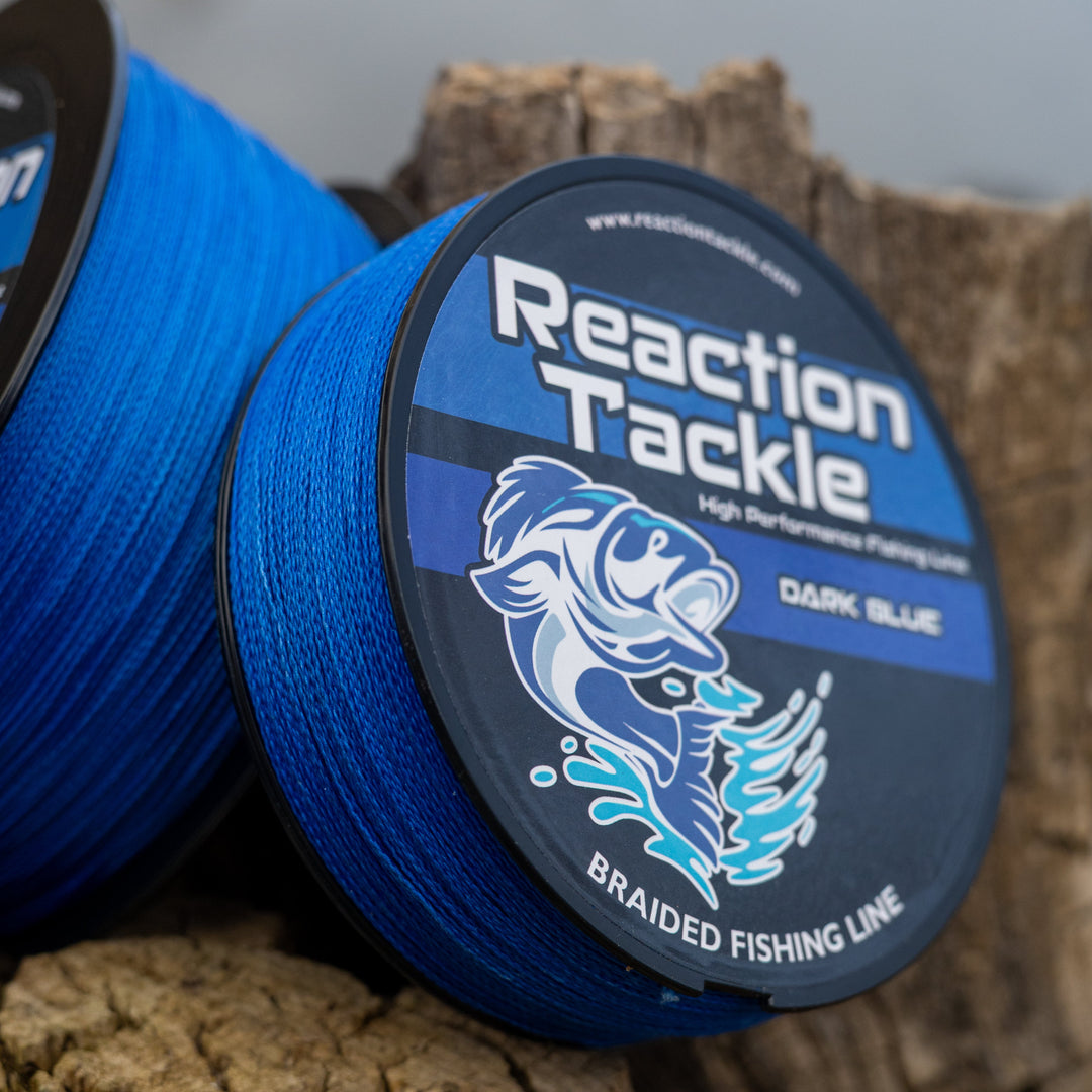 Reaction Tackle braided fishing line in dark blue, 6lb, 150 yards, showcasing the strong, durable braided fishing line for anglers.