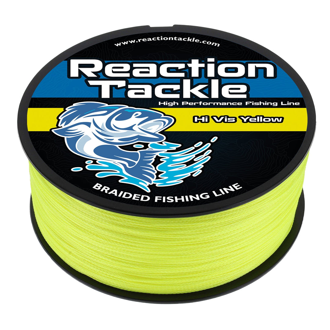 Reaction Tackle braided fishing line in Hi-Vis Yellow, 6lb, 150 yards, showing the bright yellow line on a fishing reel.