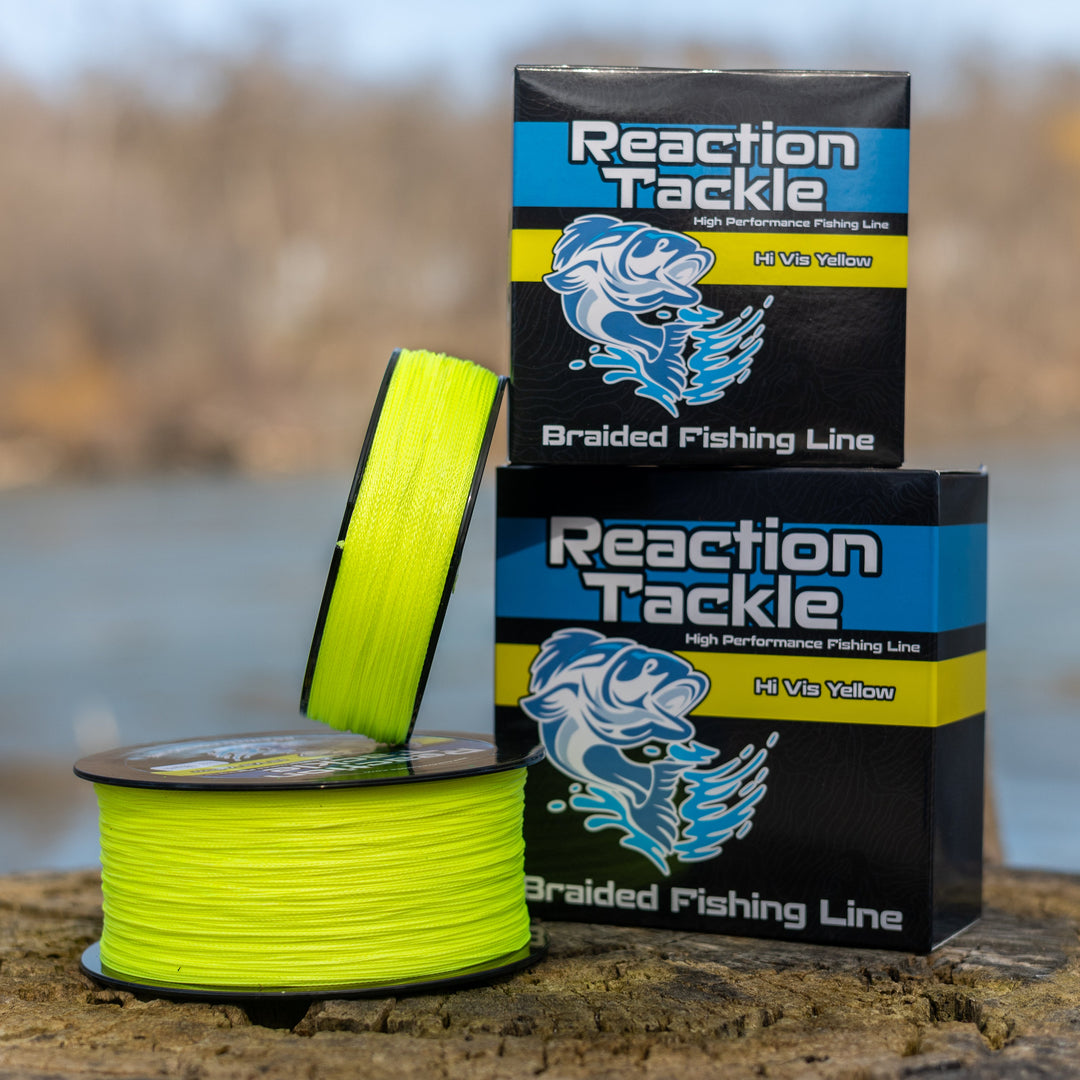 Reaction Tackle braided fishing line in Hi-Vis Yellow, 6lb, 150 yards, showcasing the bright, durable fishing line for anglers.