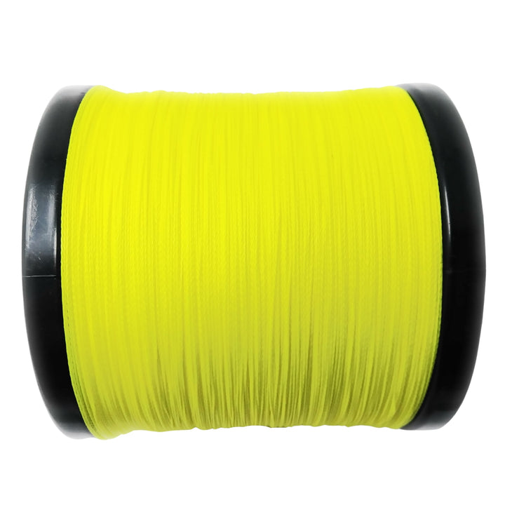 Reaction Tackle braided fishing line in Hi-Vis Yellow, 6lb, 150 yards, showing the bright yellow, durable braided fishing line.