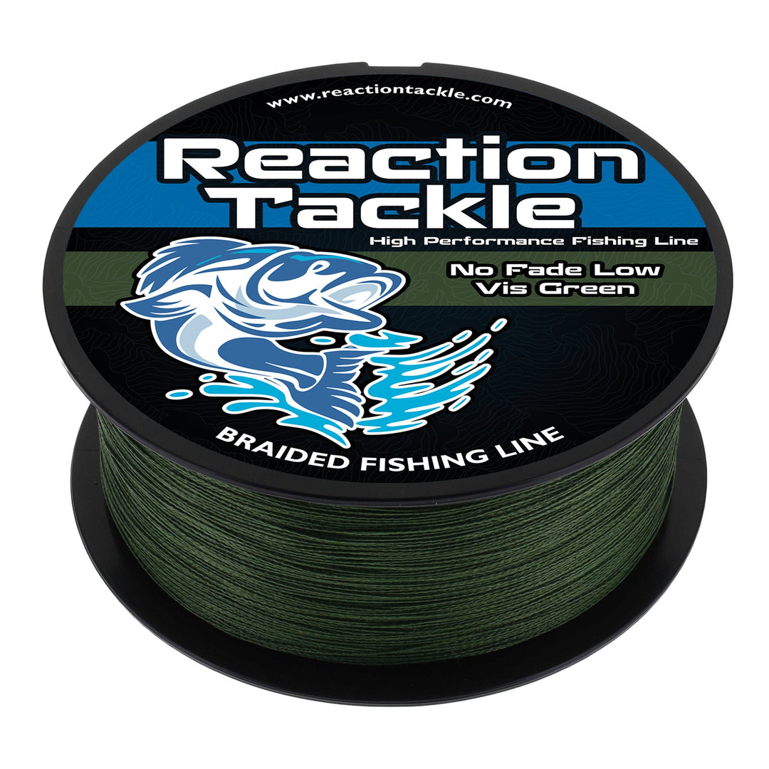 Reaction Tackle braided fishing line in low-vis green, 6lb, 150 yards, showcasing the durable, no-fade, low-visibility design.