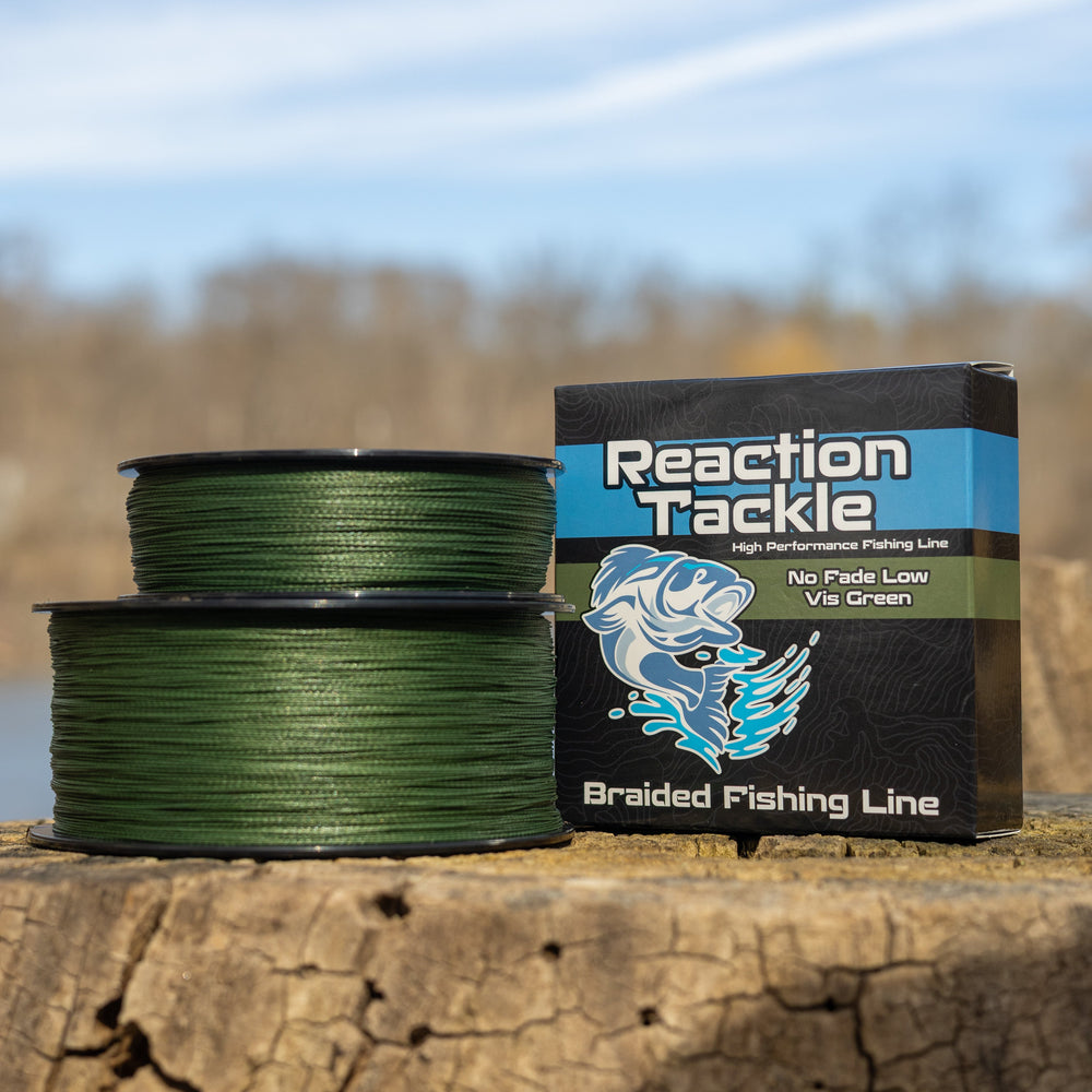 Reaction Tackle braided fishing line in low-vis green, 6lb, 150 yards, showing the durable, no-fade green braided fishing line.