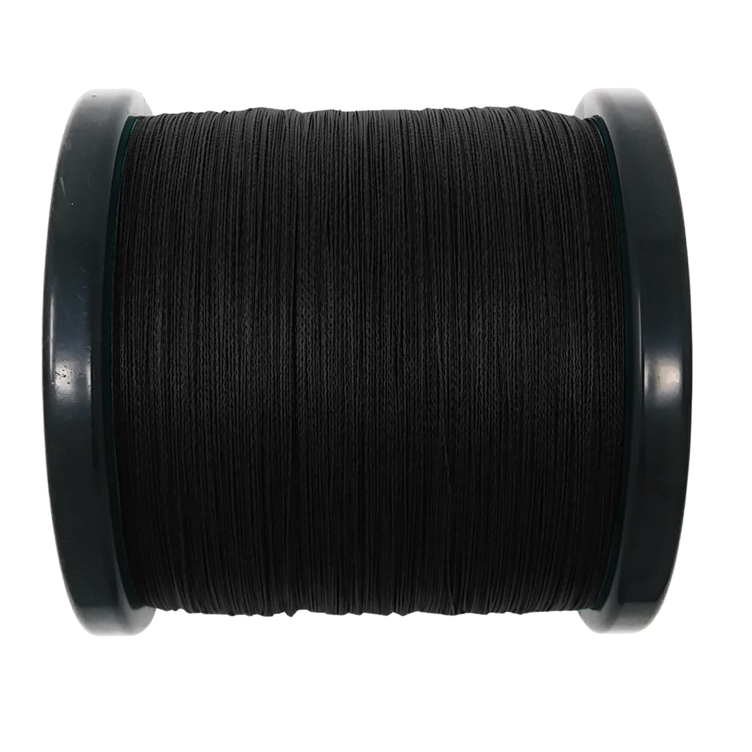 Reaction Tackle braided fishing line in black, showing the tightly woven, durable design suitable for freshwater or saltwater fishing.