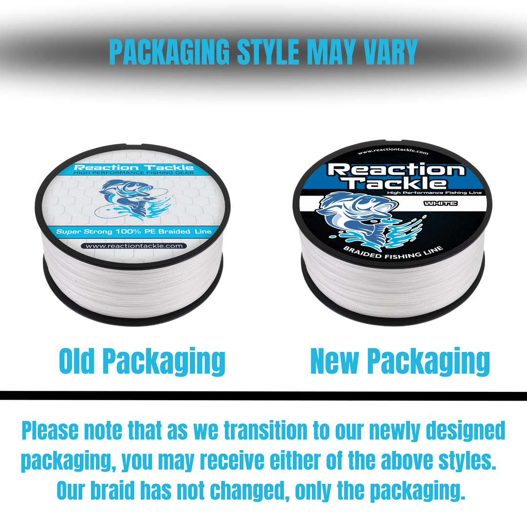 Reaction Tackle braided fishing line in black, shown in packaging, designed for strong, durable fishing line performance.