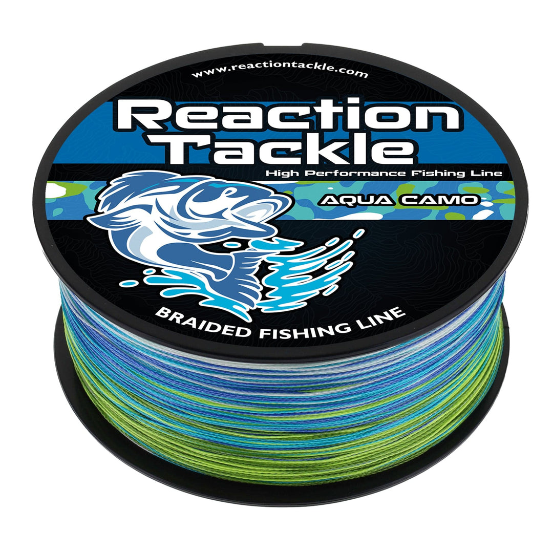Reaction Tackle braided fishing line in aqua camo, 6 lb, 150 yards, durable and strong for freshwater fishing.