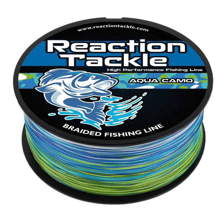 Reaction Tackle braided fishing line in aqua camo, 6 lb, 150 yards, durable and strong for freshwater fishing.