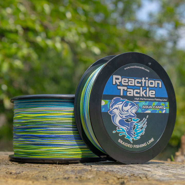 Reaction Tackle braided fishing line in aqua camo, 6lb, 150 yards, showcasing durable, high-strength fishing line for anglers