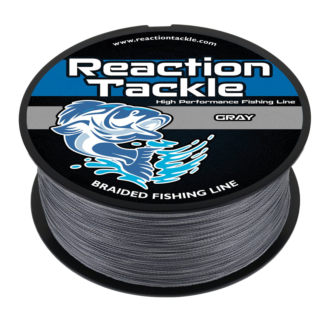 Gray Reaction Tackle braided fishing line, 6lb test, 150 yards, used for freshwater and saltwater fishing.