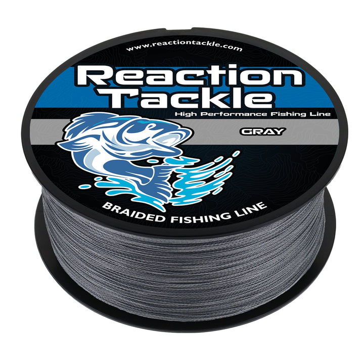 Gray Reaction Tackle braided fishing line, 6lb test, 150 yards, used for freshwater and saltwater fishing.