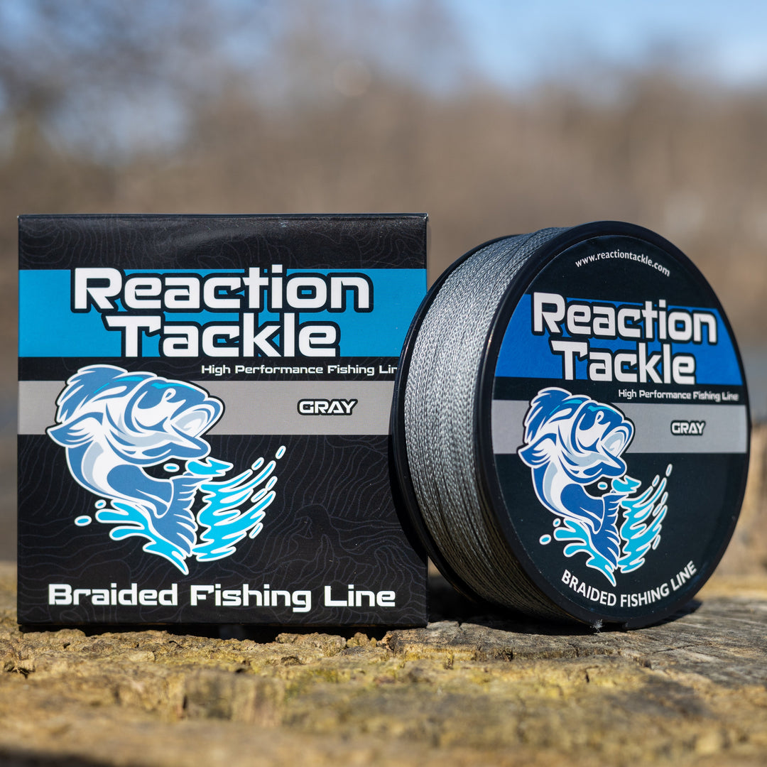 Reaction Tackle braided fishing line in gray, 6lb test, 150 yards, durable and strong for freshwater and saltwater fishing.