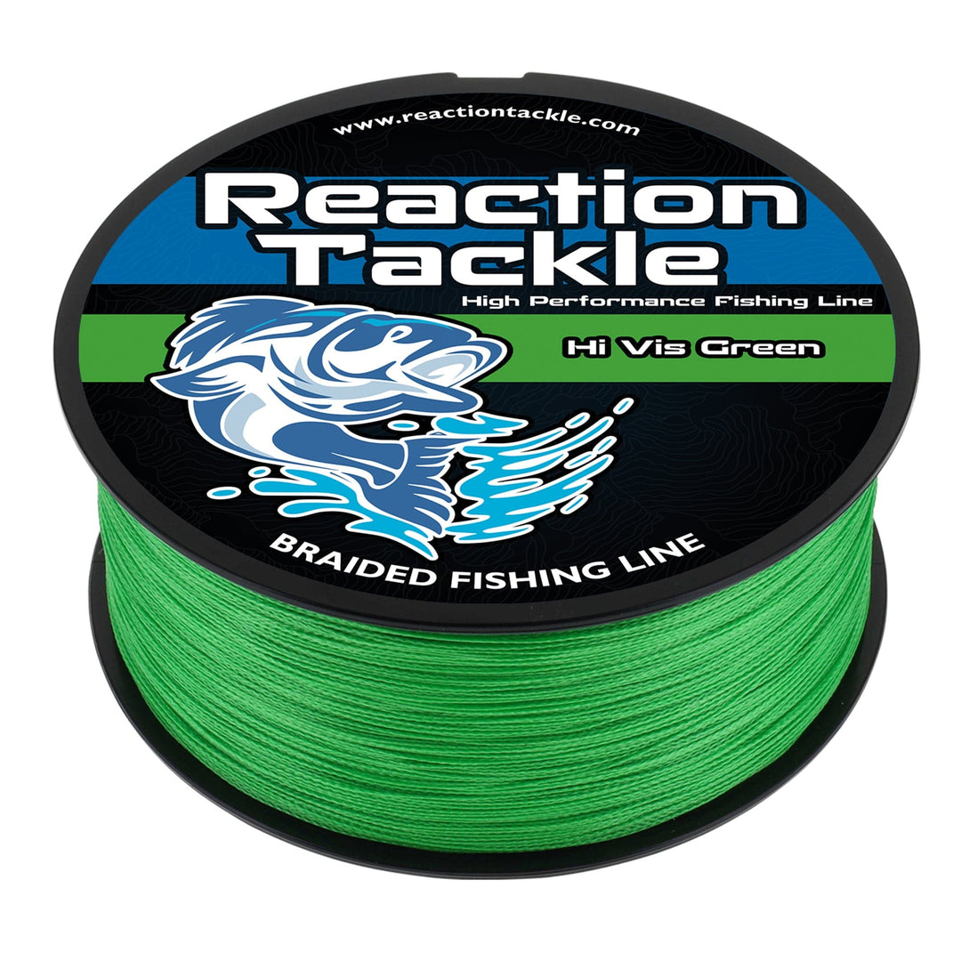 Reaction Tackle braided fishing line in hi-vis green, 6lb test, 150 yards, designed for strong, visible fishing performance.