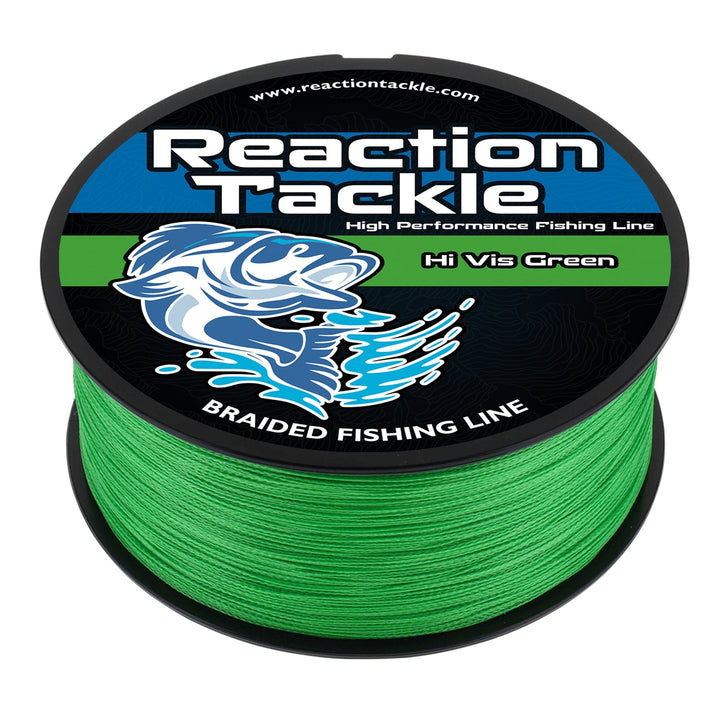 Reaction Tackle braided fishing line in hi-vis green, 6lb test, 150 yards, designed for strong, visible fishing performance.