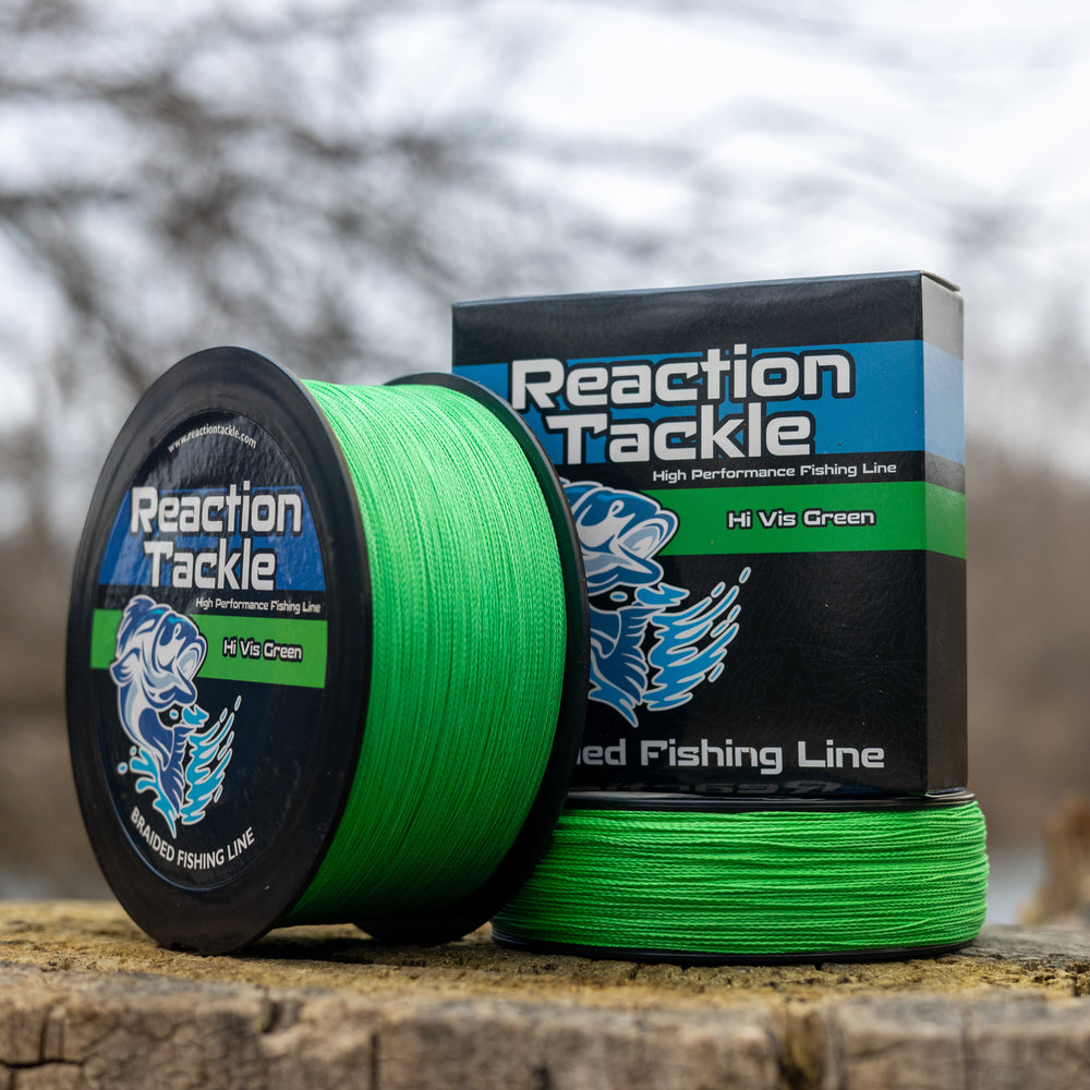 Reaction Tackle braided fishing line in Hi-Vis Green, 6lb, 150 yards, designed for strong, visible performance during fishing.