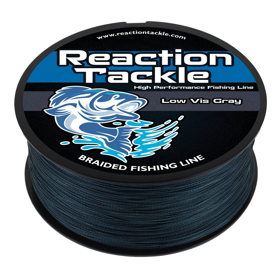 Reaction Tackle braided fishing line in low-vis gray, 6lb test, 150 yards, suitable for freshwater and saltwater fishing.