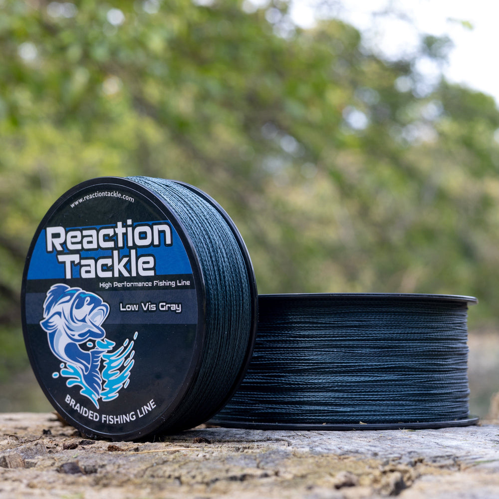 Reaction Tackle braided fishing line in low-vis gray, 6lb, 150 yards, showing the durable, thin braided fishing line for freshwater fishing.