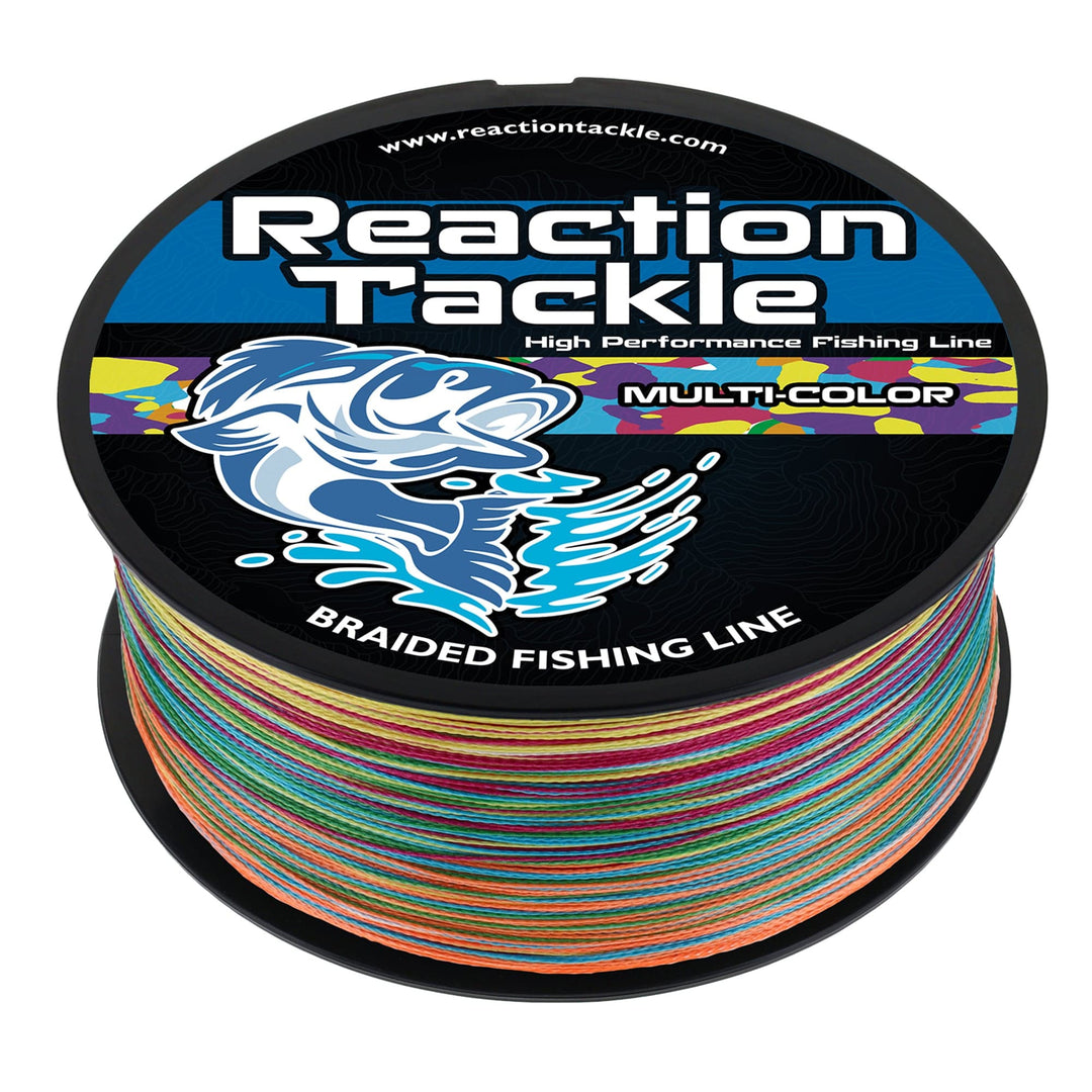 Reaction Tackle braided fishing line in multi-color, 6lb, 150 yards, designed for strong, durable fishing performance.