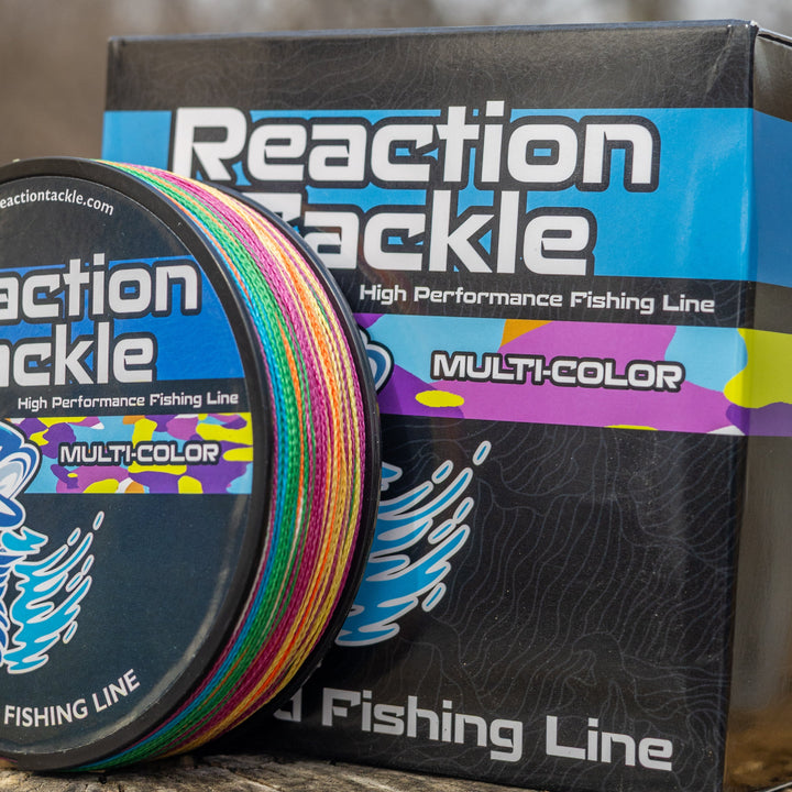 Reaction Tackle braided fishing line in multi-color, 6lb, 150 yards, designed for durable fishing and strong line performance.