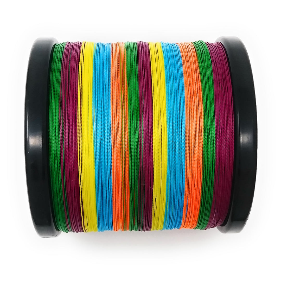 Reaction Tackle braided fishing line in multi-color, 6lb test, 150 yards, showcasing the colorful, durable fishing line for anglers.