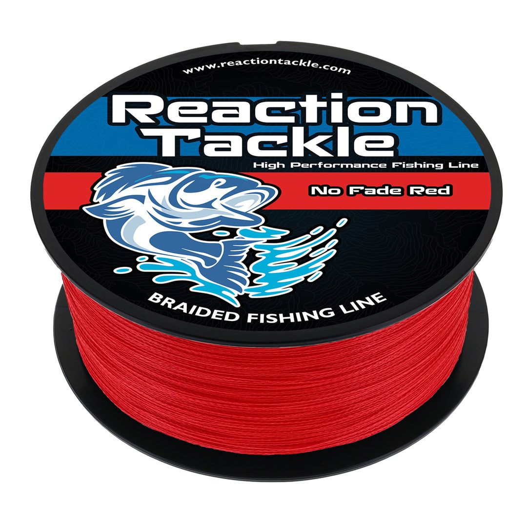 Reaction Tackle braided fishing line in No Fade Red, 6lb 150yds, showing the vibrant red braided fishing line spool.