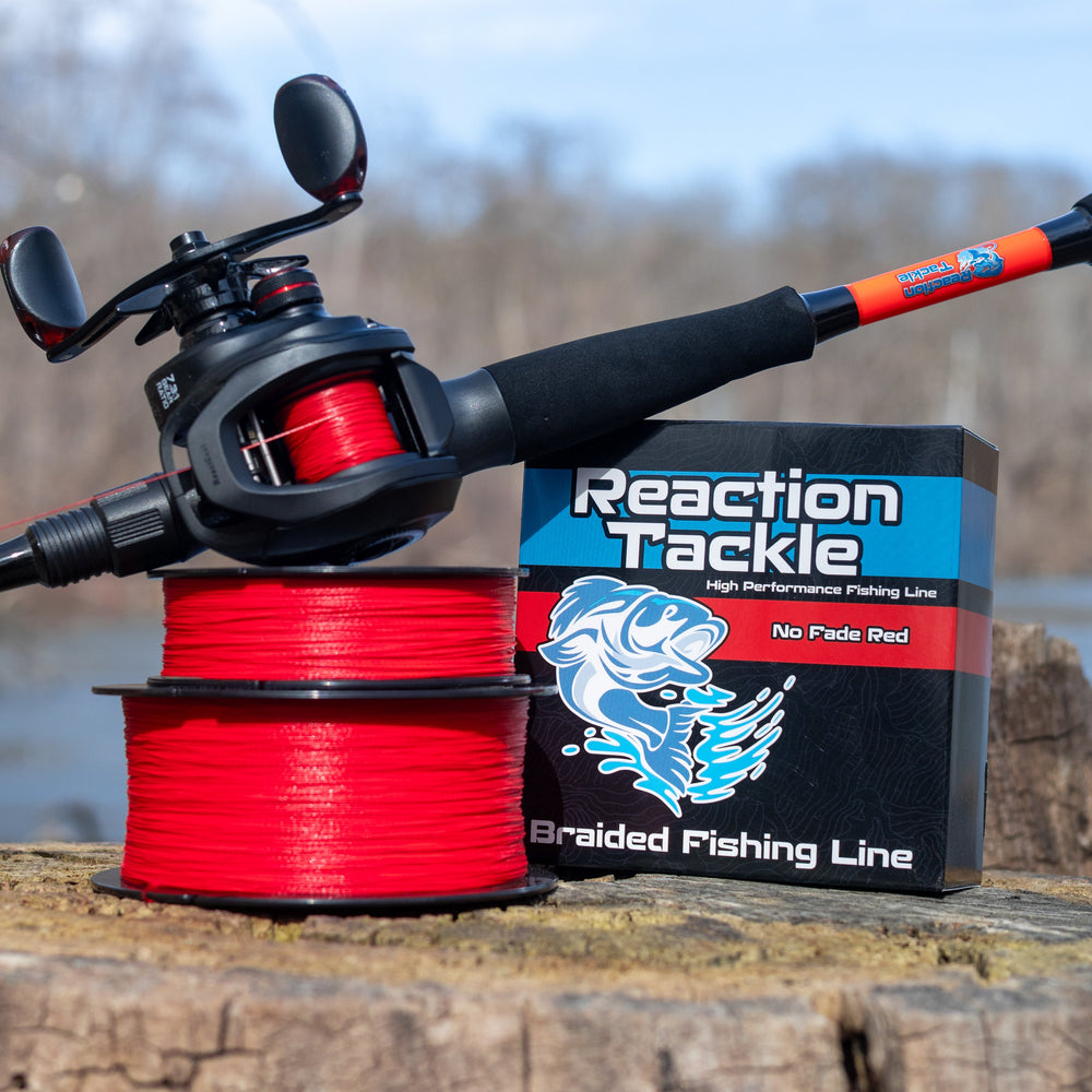 Reaction Tackle braided fishing line in no fade red, 6lb, 150 yards, showing the durable, vibrant red braided fishing line.