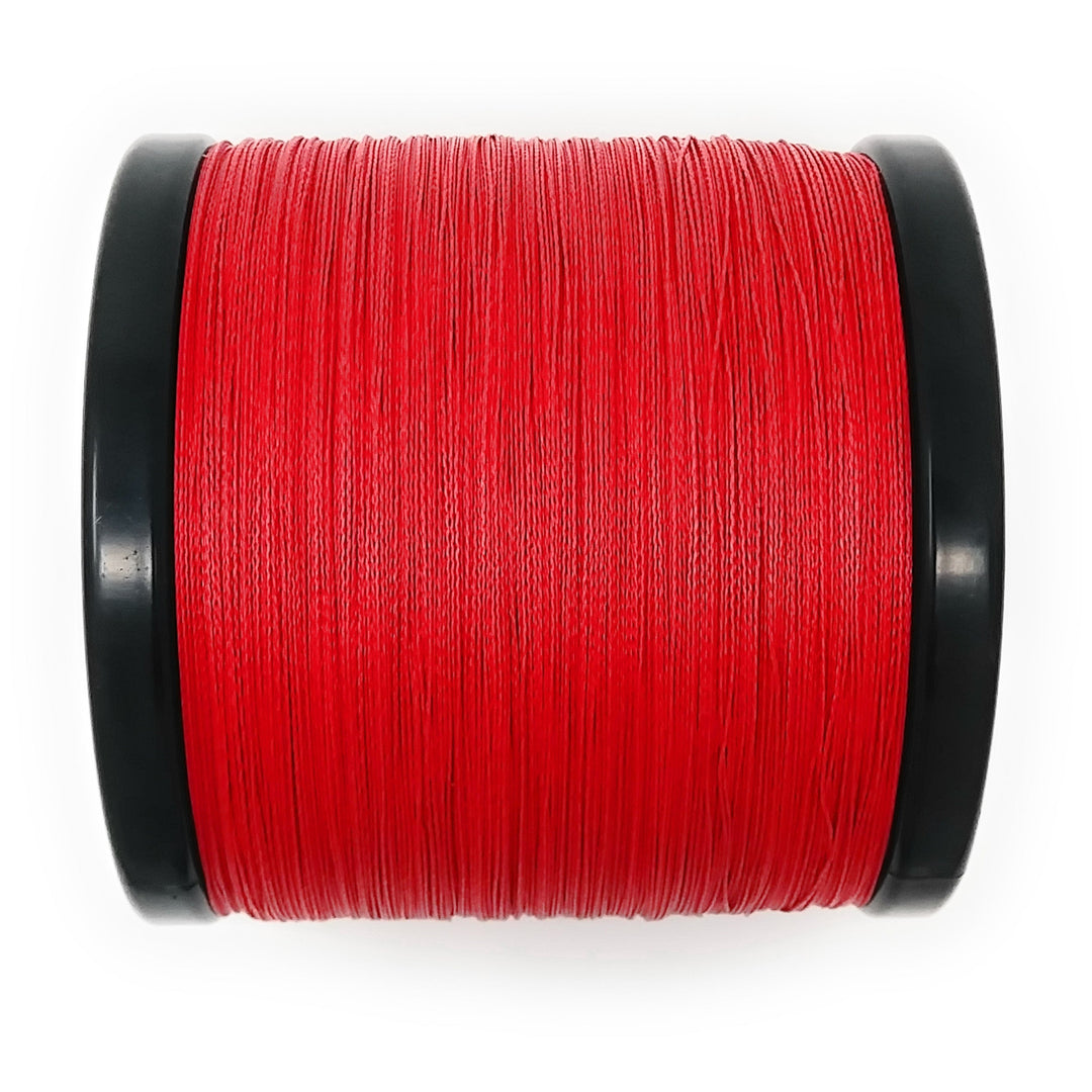 Reaction Tackle braided fishing line in no fade red, 6lb, 150 yards, showing the vibrant red color and spool detail.