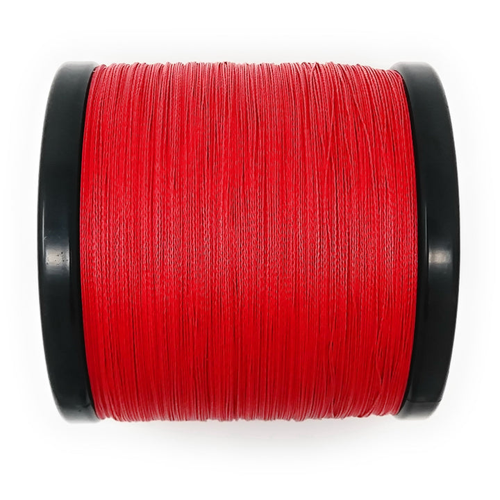 Reaction Tackle braided fishing line in no fade red, 6lb, 150 yards, showing the vibrant red color and spool detail.