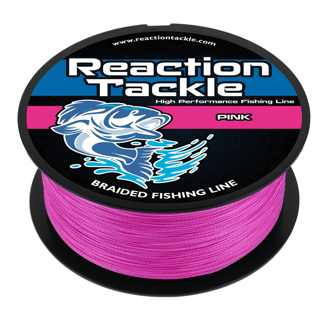Reaction Tackle pink braided fishing line, 6lb test, 150 yards, showcasing the vibrant pink color and durable braided texture.