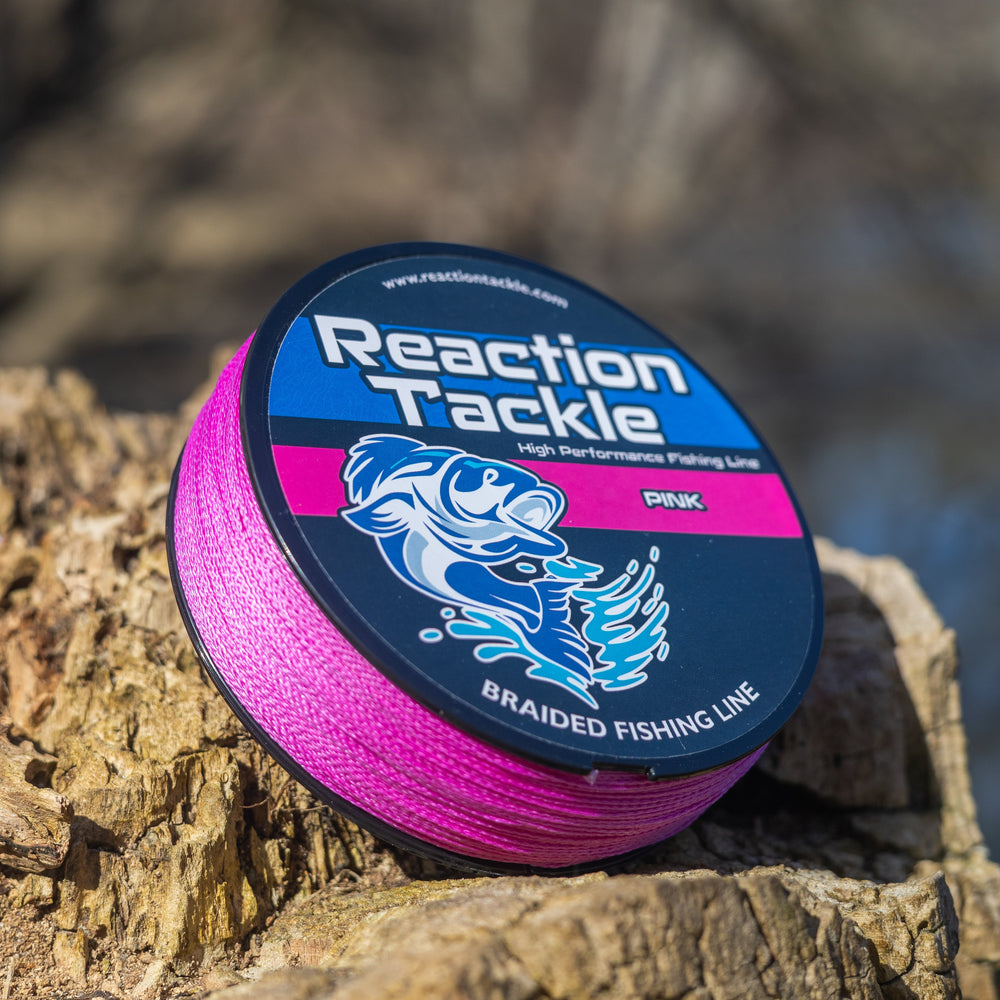 Reaction Tackle braided fishing line in pink, 6lb test, 150 yards, suitable for freshwater and saltwater fishing.