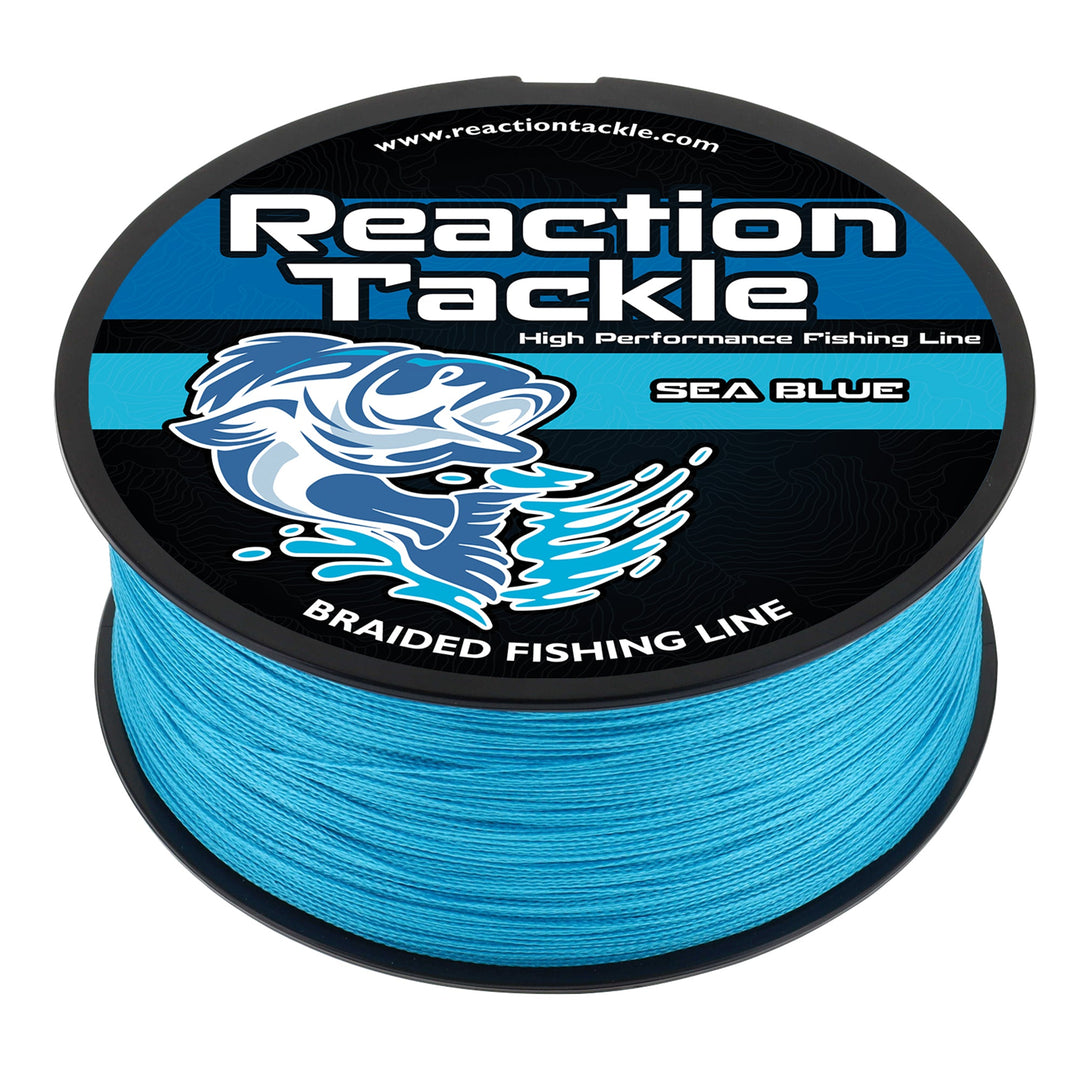Reaction Tackle braided fishing line in sea blue, 6lb, 150 yards, showing the durable, tightly woven fishing line for freshwater or saltwater.