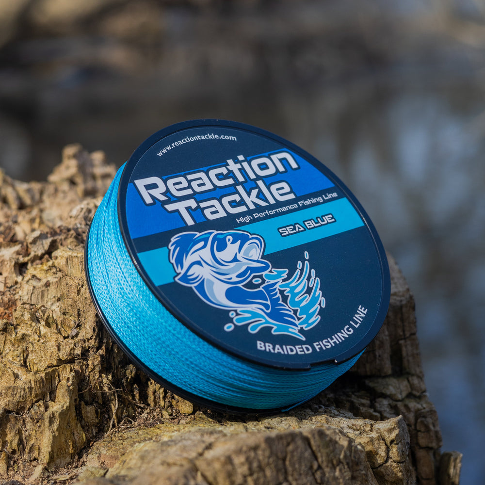 Reaction Tackle braided fishing line in sea blue, 6lb, 150 yards, showing the tightly woven, vibrant blue fishing line.