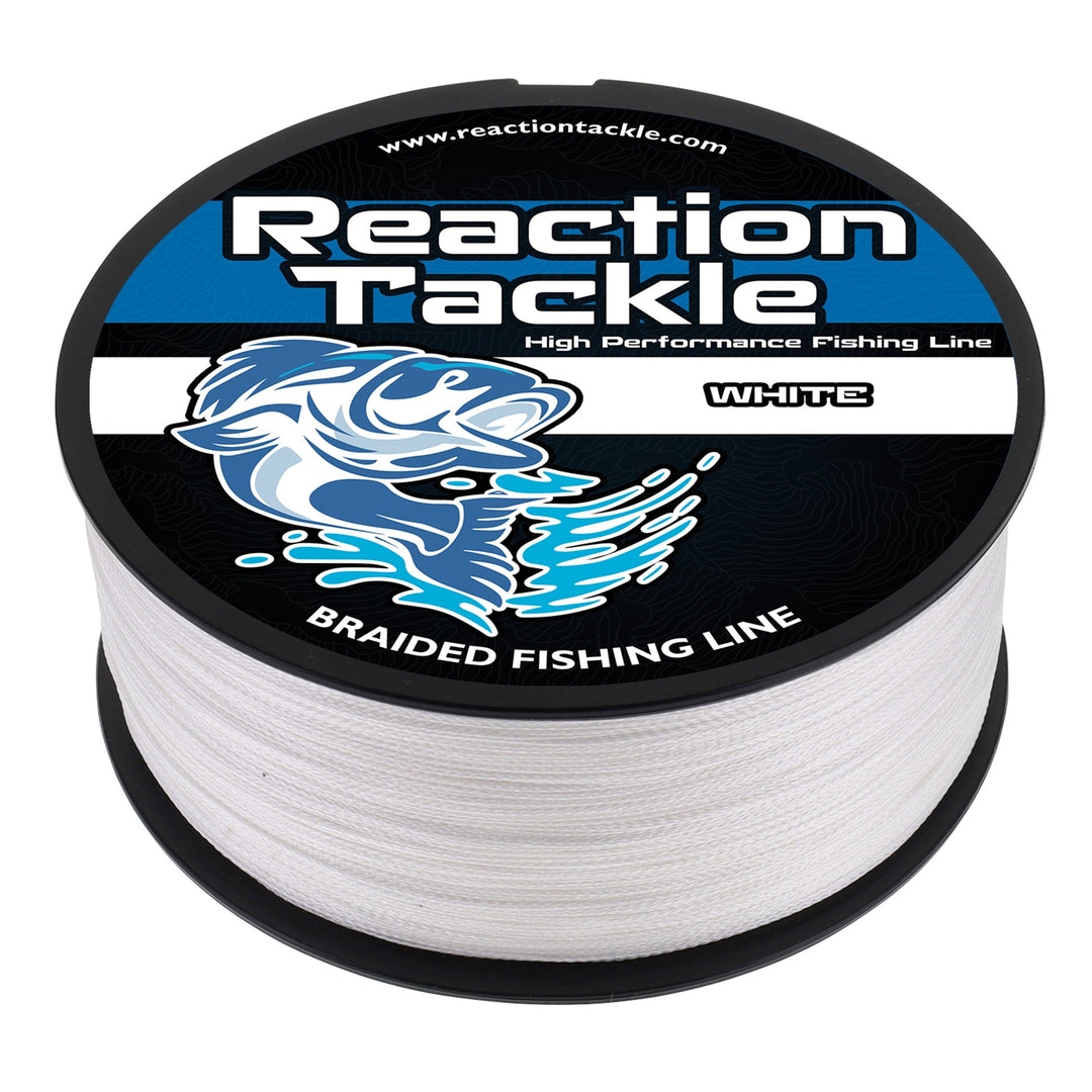 Reaction Tackle braided fishing line in white, 6lb test, 150 yards, durable and strong for freshwater fishing.