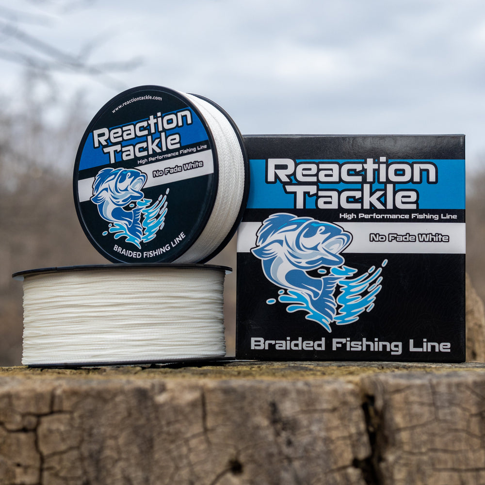 Reaction Tackle braided fishing line in white, 6lb, 150 yards, designed for strength and durability in fishing.