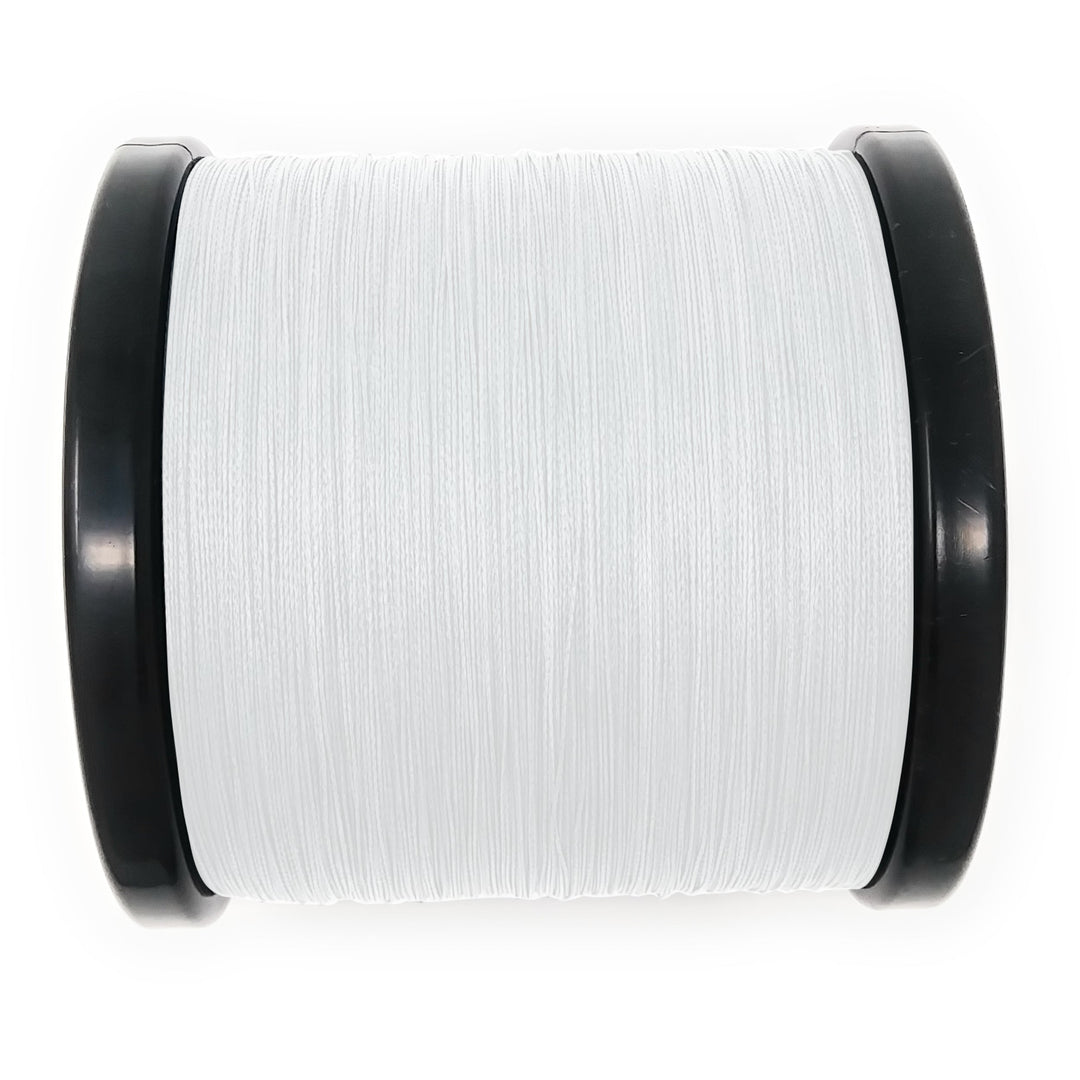 Reaction Tackle braided fishing line in white, 6lb, 150 yards, shown spooled and ready for fishing.