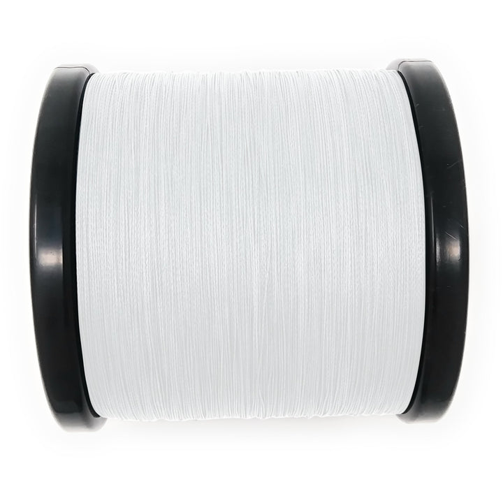 Reaction Tackle braided fishing line in white, 6lb, 150 yards, shown spooled and ready for fishing.
