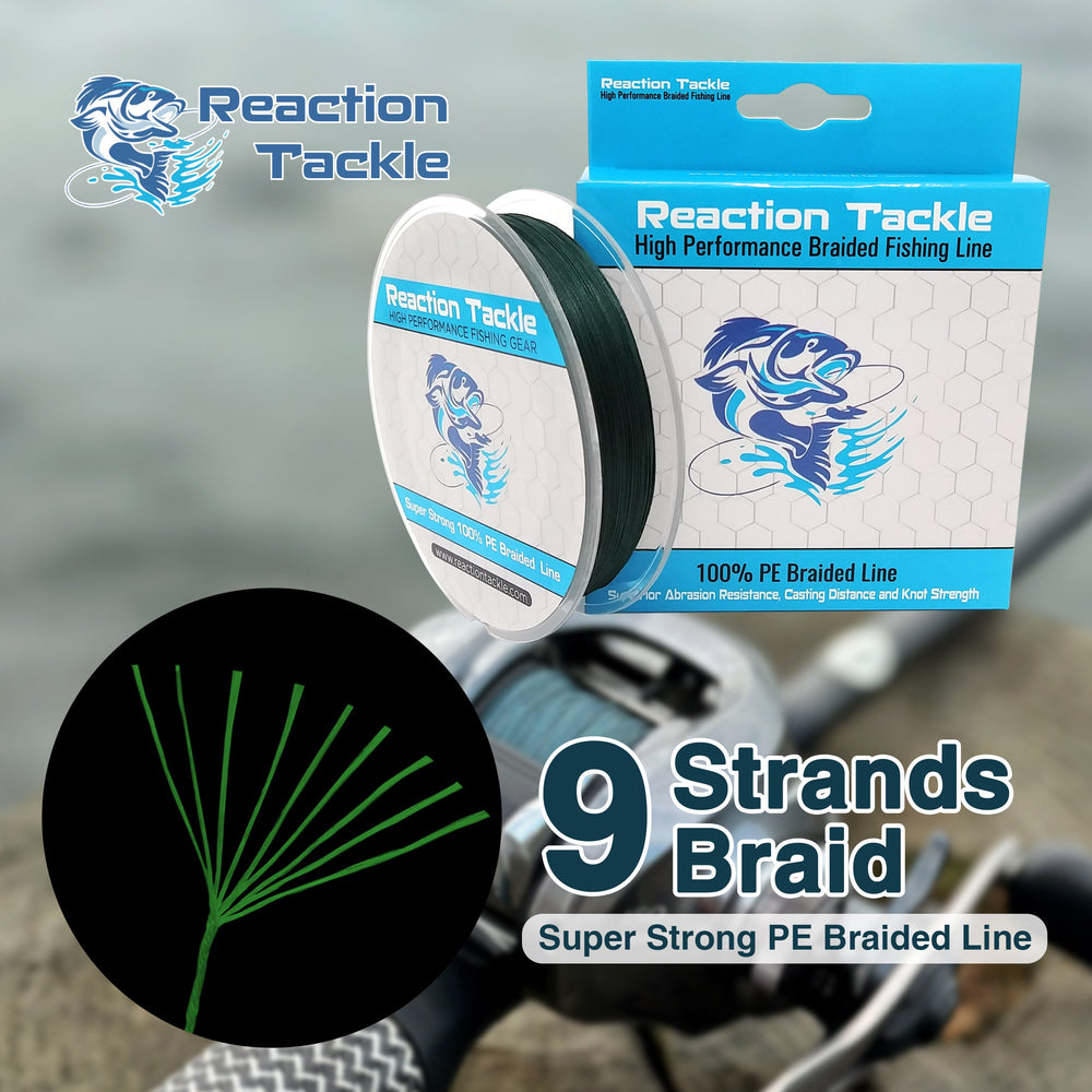 Reaction Tackle 9 Strand Braided Fishing Line in clear spool, showing durable braided construction and detailed product label.