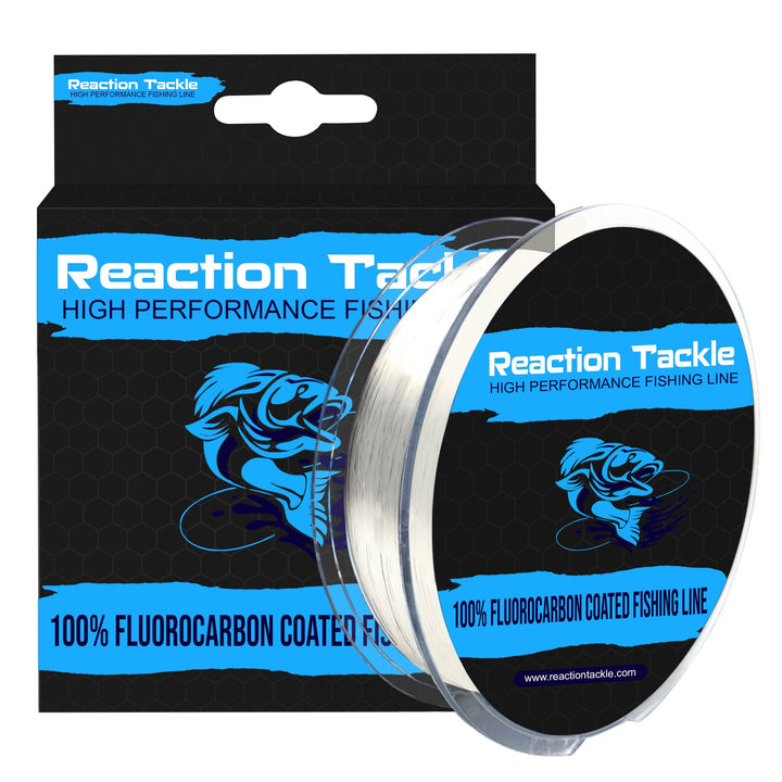 Reaction Tackle fluorocarbon coated fishing line in clear, 4lb strength, 350 yards, designed for smooth, durable fishing.