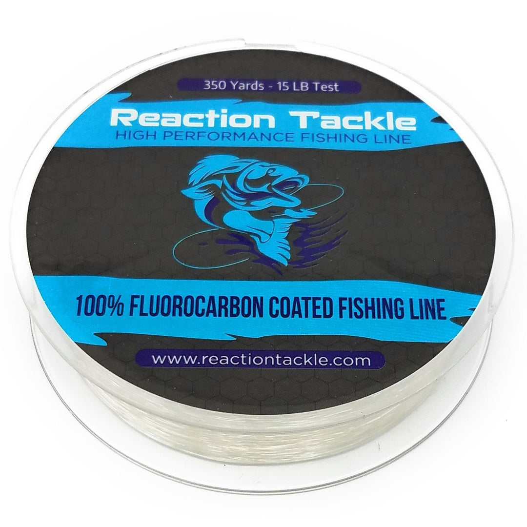 Reaction Tackle fluorocarbon coated fishing line, clear 4lb test, 350 yards, durable and high-performance for fishing.